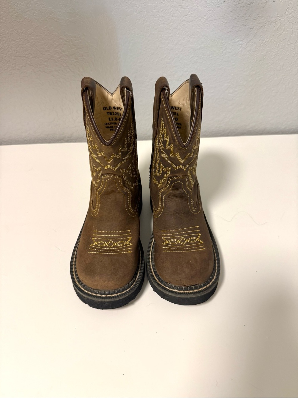 Old West Brown Kids Western Pull-On Boots with Yellow Stitching